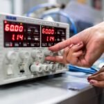 Person adjusting a digital controller with display, illustrating how aquarium heaters with controllers are set up