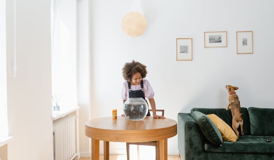 A child looks into a corner fish tank on a table, showcasing stylish aquarium options.