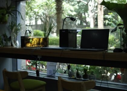 A workspace featuring a planted tank and equipment for CO2 atomization.