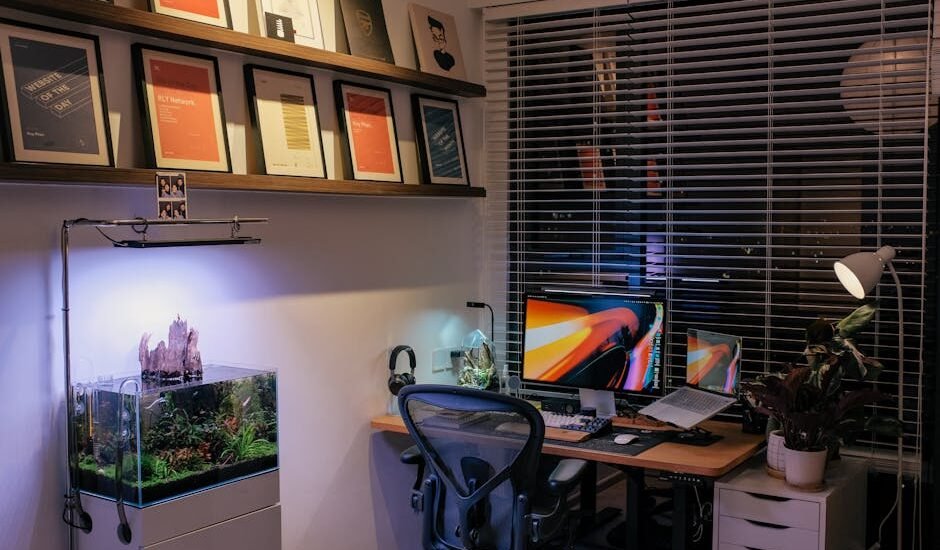 A home office featuring a planted aquarium and workspace, relevant to using root tabs.